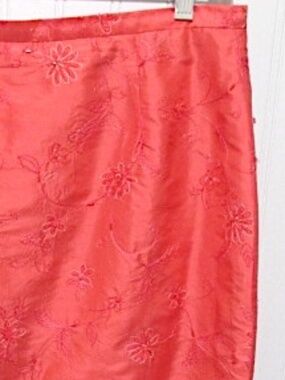 Rafael Coral Red Beaded & Embroidered Silk Pencil Skirt, Size 8